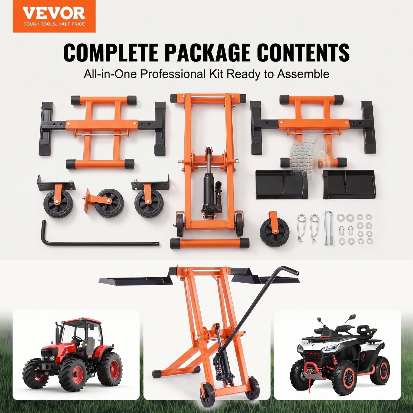 Lawn Mower Lift with Hydraulic Jack, 500 Lbs Weight Capacity, Solid Carbon Steel Lawn Mower Lift, Adjustable Movable Lawn Lifter for Riding Tractors and Zero Turn Lawn Mowers, Orange