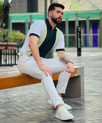Fresh Mint Men White and  Green Zipper Polo