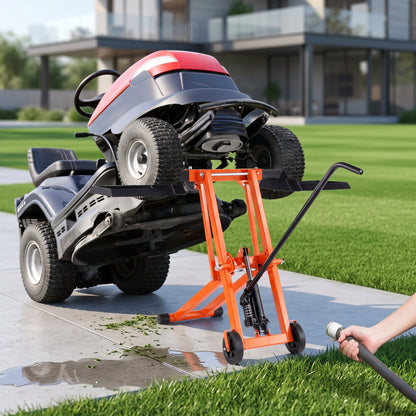 Lawn Mower Lift with Hydraulic Jack, 500 Lbs Weight Capacity, Solid Carbon Steel Lawn Mower Lift, Adjustable Movable Lawn Lifter for Riding Tractors and Zero Turn Lawn Mowers, Orange