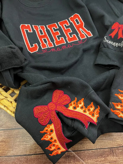 Customize Cheer Mom Glitter Sweatshirt with Side Bow & Sleeve Embroidery
