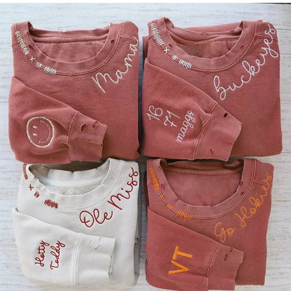 VINTAGE CUSTOM SWEATSHIRTS-Custom Embroidered Hand Distressed Sweatshirt and Hoodie