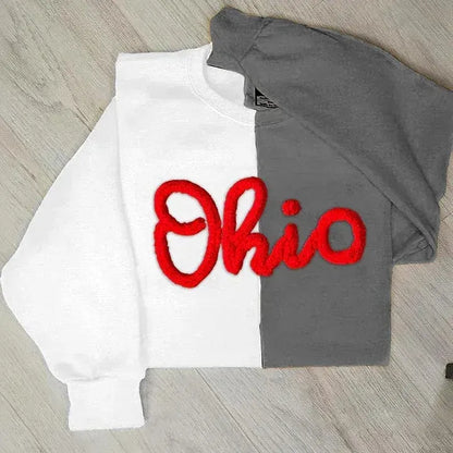Personalized Chenille Yarn Embroidered Two Tone Sweatshirt School Mascot Split Sweatshirt